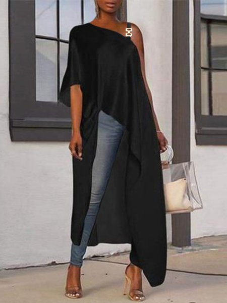 

Irregular Craftsmanship Plain Cold Shoulder Chain Top, Black, Blouses and Shirts