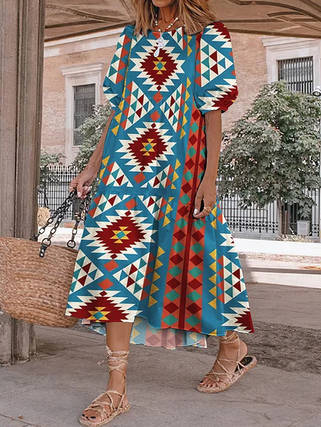 

Crew Neck Loose Vacation Geometric Dress, Multicolor, Dresses