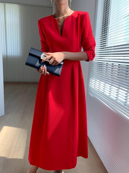 

Regular Fit Elegant Plain X-Line Dress, Red, Midi Dresses