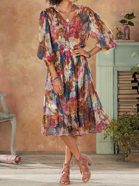

Lightweight Half Sleeve Vintage Floral Casual Loose Dress, Multicolor, Dresses