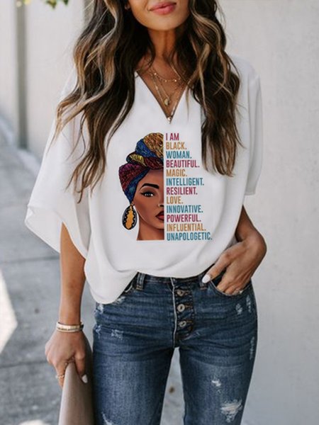 

Loose V Neck Figure Print Urban Blouse, White, Blouses and Shirts