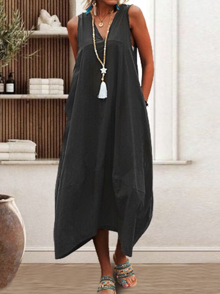 

Cotton And Linen Casual Dress, Black, Midi Dresses