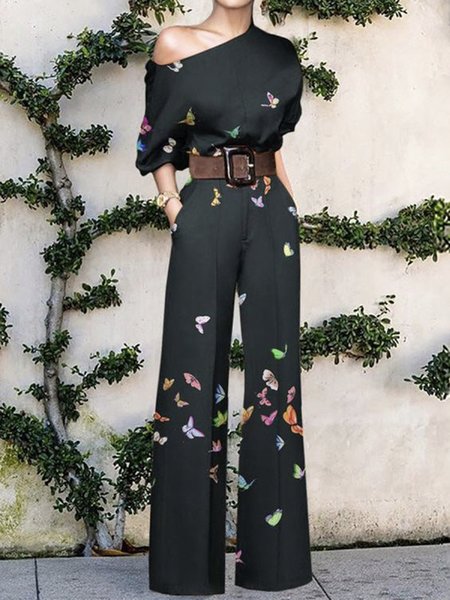 

Short sleeve Elegant Butterfly One Shoulder Jumpsuit, Black, Jumpsuits