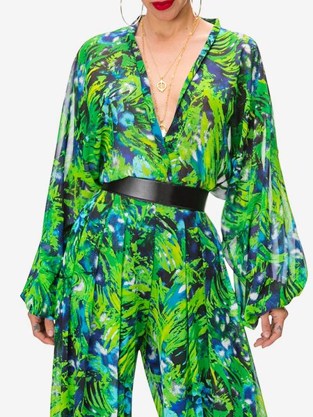 

V Neck Random Print Loose Urban Blouse, Green, Blouses and Shirts