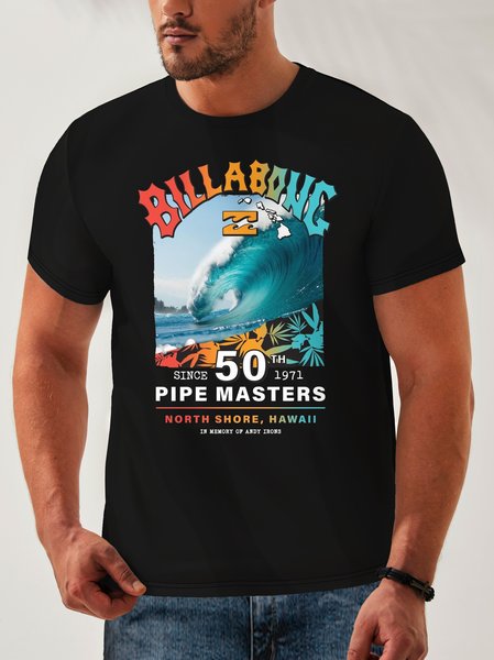 

The Waves Neck Casual T-Shirt, Black, Men's t-shirts