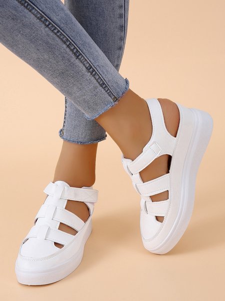 

Hollow out Hook-and-loop Wedge Sandal, White, Sandals