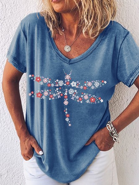 

Women's Dragonfly Flower Print V Neck Casual T-Shirt, Blue, T-shirts