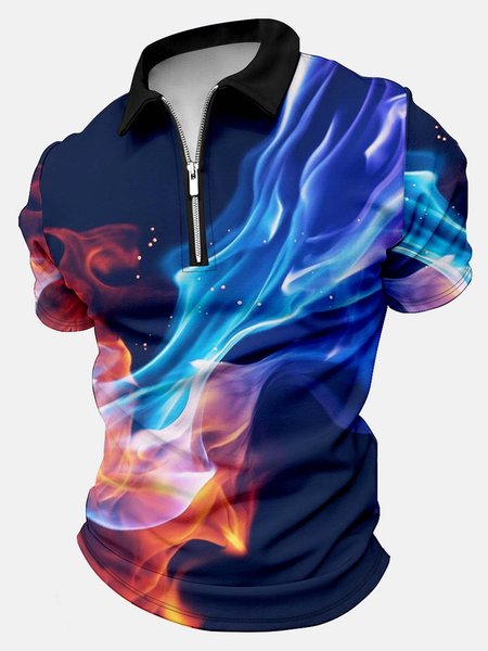

Men’s Fire Pattern Casual Polo Collar Abstract Polo Shirt, As picture, T-shirts