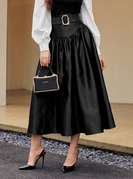

High Waist Satin Skirt Without Belt, Black, Skirts