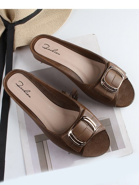 

Soft and Comfortable Fashion Square Buckle Casual Chunky Heel Half Slippers, Brown, Sandals & Slippers