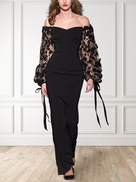 

Regular Fit Elegant Cold Shoulder Dress, Black, Maxi Dresses
