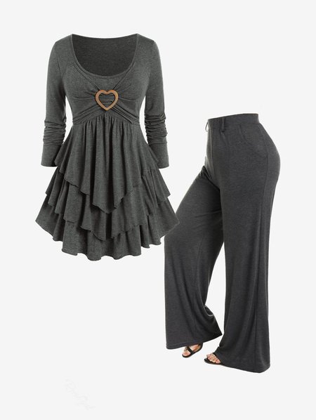 

Plain Casual Regular Fit Crew Neck Two-Piece Set, Gray, Suit Set