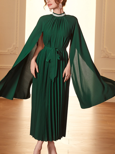 

Pearls Detail Cloak Sleeve Pleated Hem Belted Dress, Green, Maxi Dresses