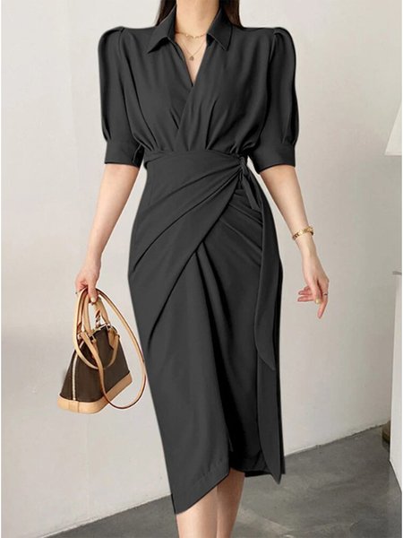 

Regular Fit Elegant Half sleeve No Elasticity Shirt Dress, Black, Midi Dresses
