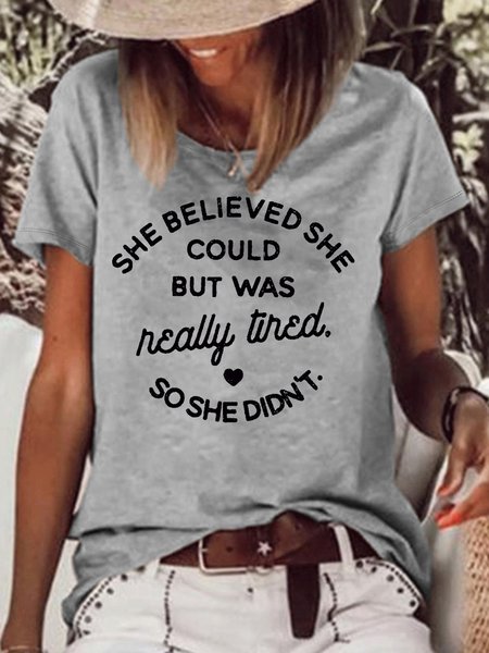 

Women's funny Always Tired Letters Crew Neck Casual T-Shirt, Gray, T-shirts
