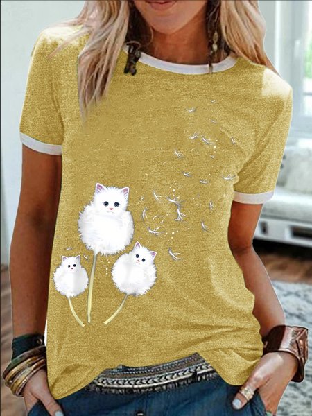 

Women's Dandelion Cute Cat Graphic Printing Casual Text Letters Crew Neck Cotton-Blend T-Shirt, Yellow, T-shirts