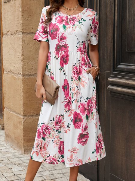 

Regular Fit Casual Crew Neck Floral Dress, White, Dresses