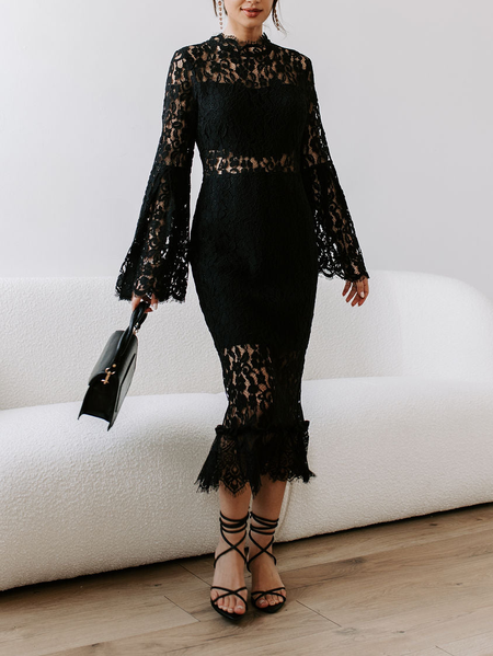 

Elegant Regular Fit Lace Crew Neck Dress, Black, Maxi Dresses