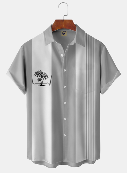 

Coconut Tree Chest Pocket Short Sleeve Bowling Shirt, Gray, Men Shirts
