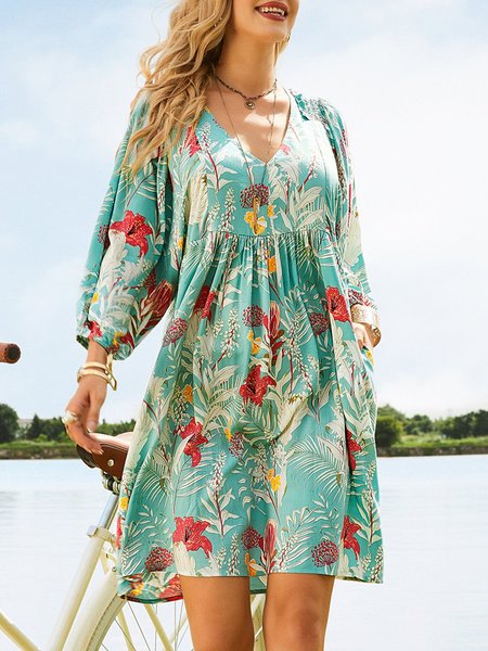 

V Neck Loose Floral Vacation Dress, Green, Dresses