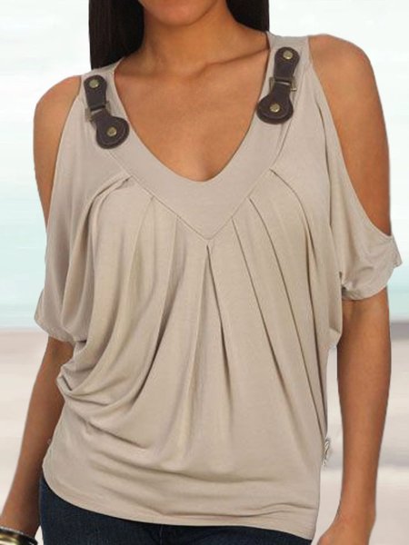 

V Neck Regular Fit Plain Casual T-Shirt, Khaki, T-Shirts