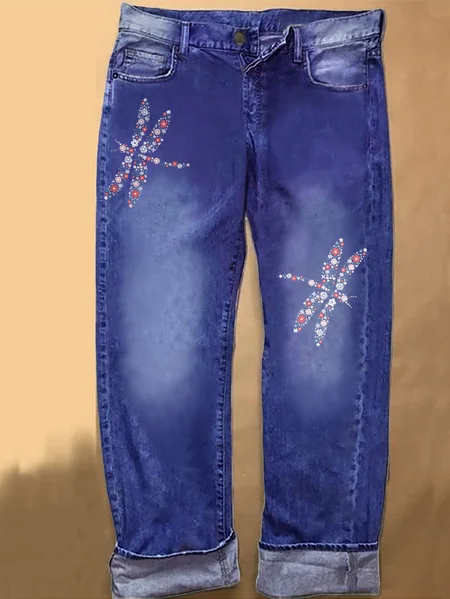 

Women's Dragonfly Flower Casual Loose Jeans, Blue, Jeans