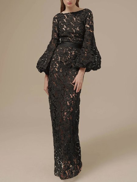 

Plain Elegant Boat Neck Regular Fit Dress, Black, Maxi Dresses