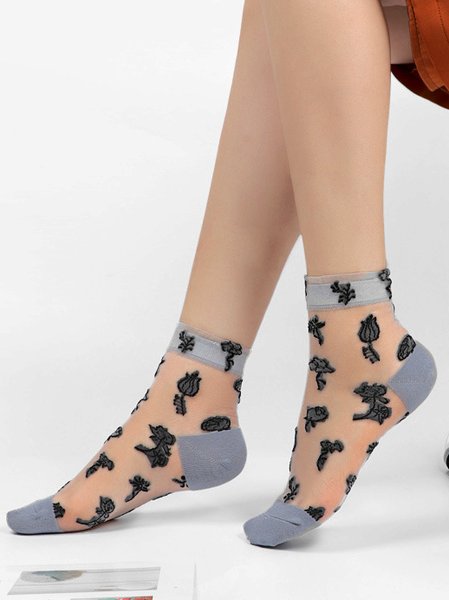 Ethnic Floral Plant Embroidered Cotton Lace Socks Daily Accessories, Gray, Socks