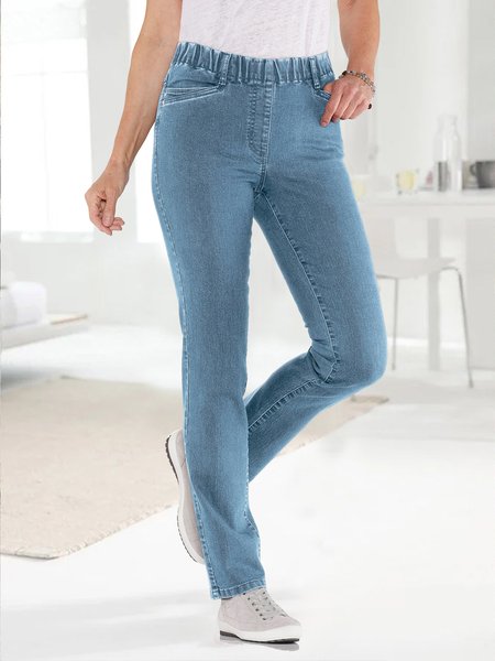 

Plain Denim Casual Regular Fit Elastic Band Jeans, Blue, Jeans