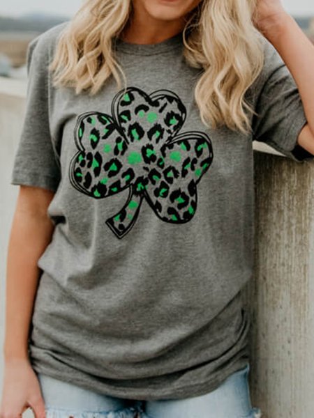 

St. Patrick's Day Loose Shamrock Casual Crew Neck T-Shirt, Gray, T-Shirts