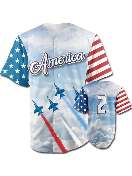 

American Flag Short Sleeve Baseball Shirt, Blue, Men Shirts