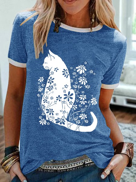 

Women's Cat Flower Print Casual T-Shirt, Blue, T-shirts