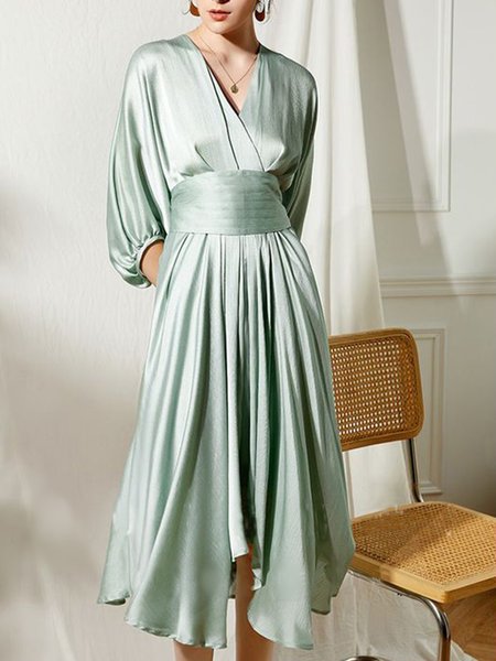 

V Neck Elegant Midi Three Quarter No Elasticity Dress, Lightgreen, Midi Dresses