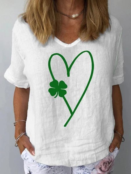 

Heart/Cordate Casual Cotton-Blend V Neck Shirt, White, Tees & T-shirts