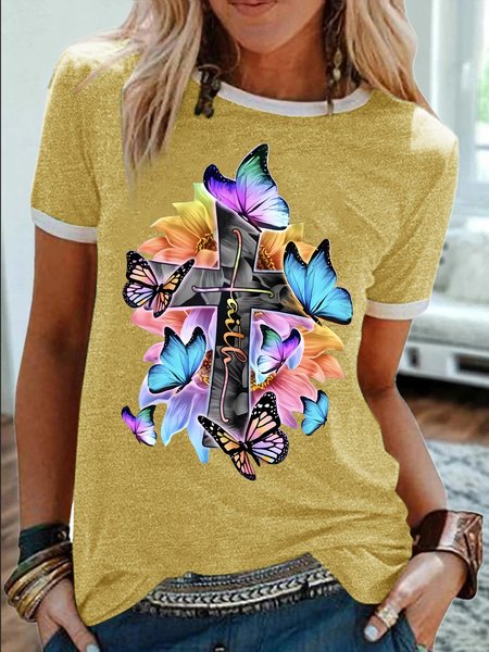 

Women's Religious Belief Colorful Butterfly Funny Graphic Printing Cotton-Blend Text Letters Casual T-Shirt, Yellow, T-shirts
