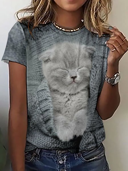 

Women's Cute Cat Funny Art Print Crew Neck Casual T-Shirt, As picture, T-shirts