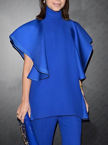 

Loose Simple Stand Collar Cap sleeve Shirt, Blue, Blouses and Shirts