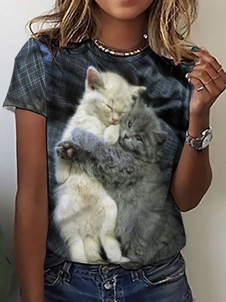 

Women's Cute Cat Funny Art Print Casual Loose T-Shirt, As picture, T-shirts