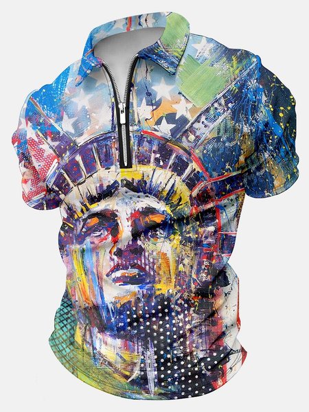 

Women’s Patriotic Oil Painting Polo Collar America Flag Casual Polo Shirt, As picture, T-shirts