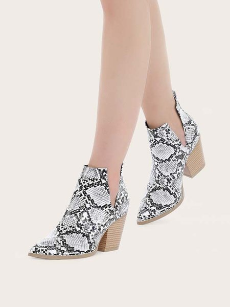 

Snake-print Stitching Upper Pointed Toe Chunky Heel Ankle Boots, Snakeskin, Boots
