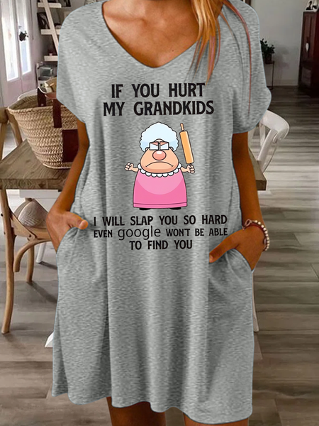 

Women's Funny If You Hurt My Grandkids I Will Slap You So Hard Even Google Won T Be Able To Find You Casual Loose V Neck Dress, Gray, Dresses