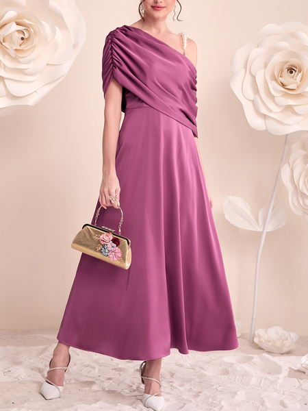 

Asymmetrical Neck Pearls Strap Ruched Satin Dress, Pink, Maxi Dresses