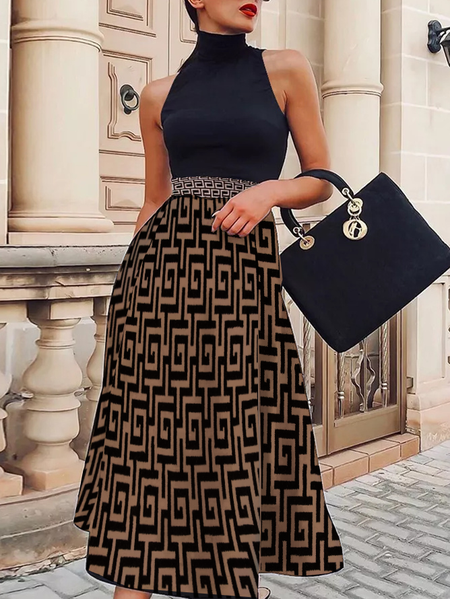 

Jersey Regular Fit Geometric Elegant Dress, Black-coffee, Midi Dresses