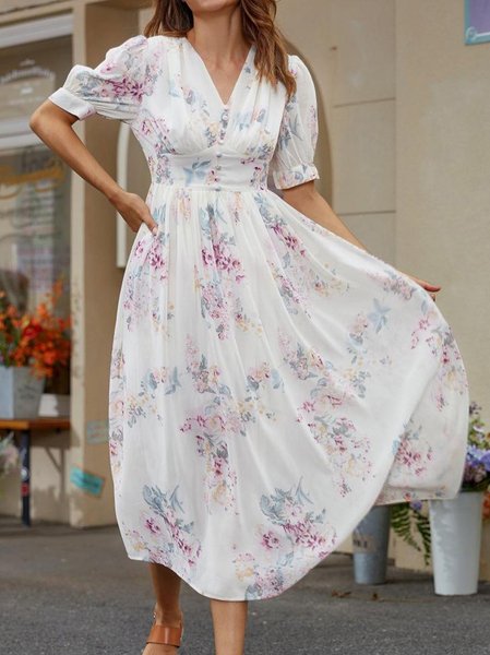 

Floral Boho Regular Fit V Neck Dress, White, Dresses