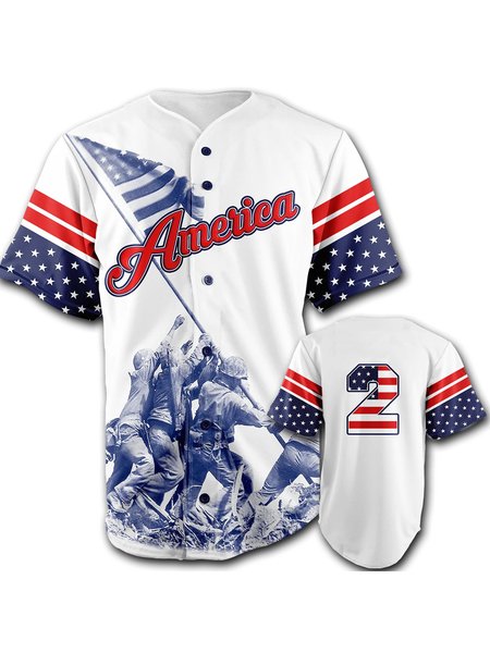 

American Flag Short Sleeve Baseball Shirt, White, Men Shirts