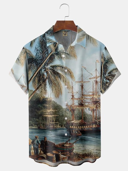 

Coconut Tree Chest Pocket Short Sleeve Hawaiian Shirt, Light blue, Men Shirts