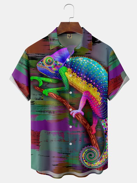 

Chameleon Chest Pocket Short Sleeve Hawaiian Shirt, Purple, Men Shirts