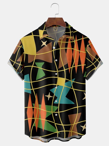 

Geometry Chest Pocket Short Sleeve Shirt, Black, Men Shirts