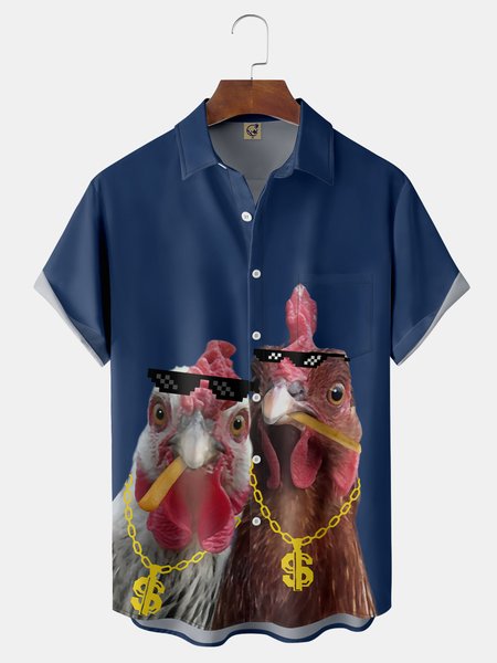 

Rooster Chest Pocket Short Sleeve Casual Shirt, Blue, Men Shirts