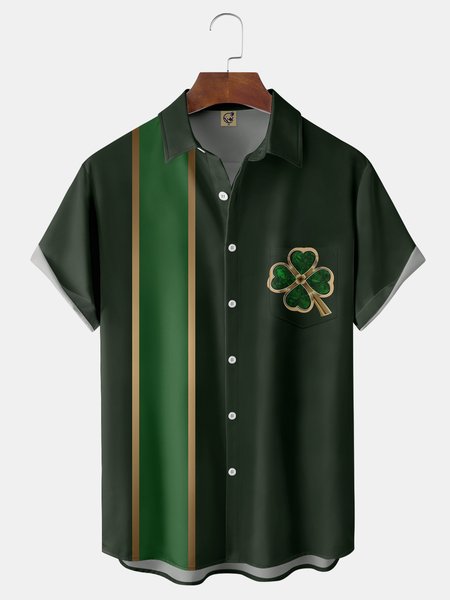 

St. Patrick's Day Four Leaf Clover Chest Pocket Short Sleeve Bowling Shirt, Dark green, Men Shirts
